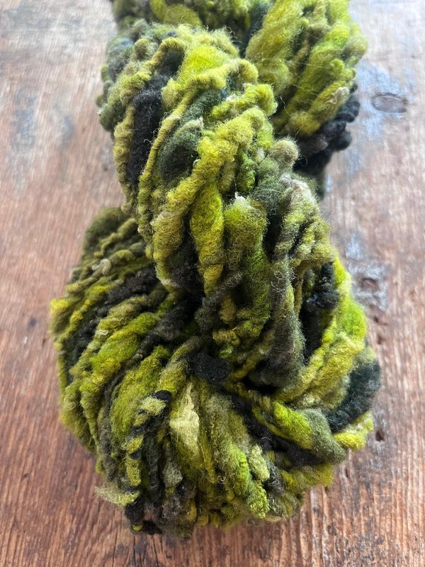 Zen - chartreuse and forest green nubbly handspun southdown wool art yarn