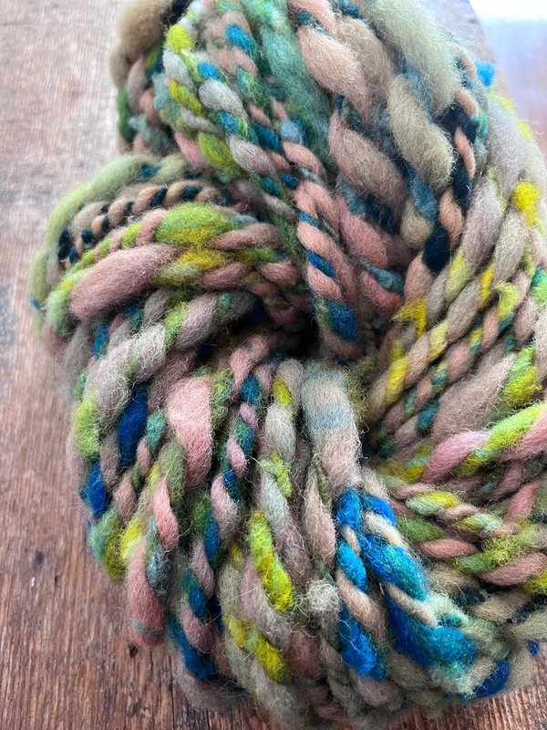 Renewal - jumbo two ply art yarn, teal, green, peach and yellow