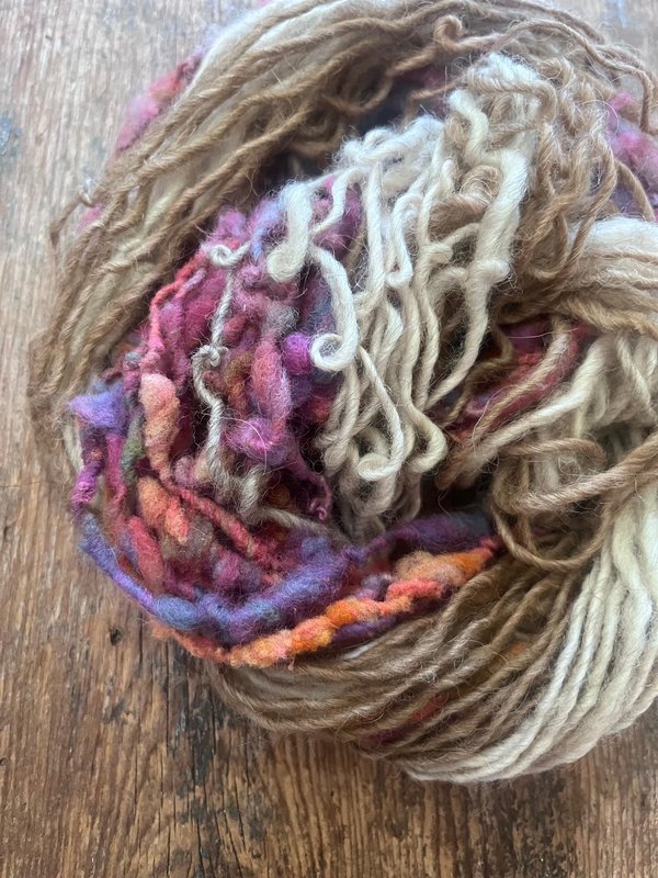 Satisfaction, scrappy handspun self striping yarn, 50 yards