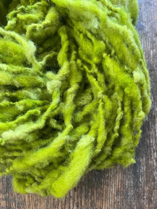 Vivacious green handspun art yarn, textured bulky weight wool