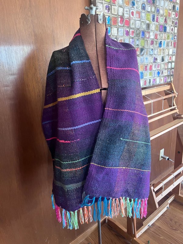 Purple multicolored handwoven wrap, shawl, table runner or wall hanging