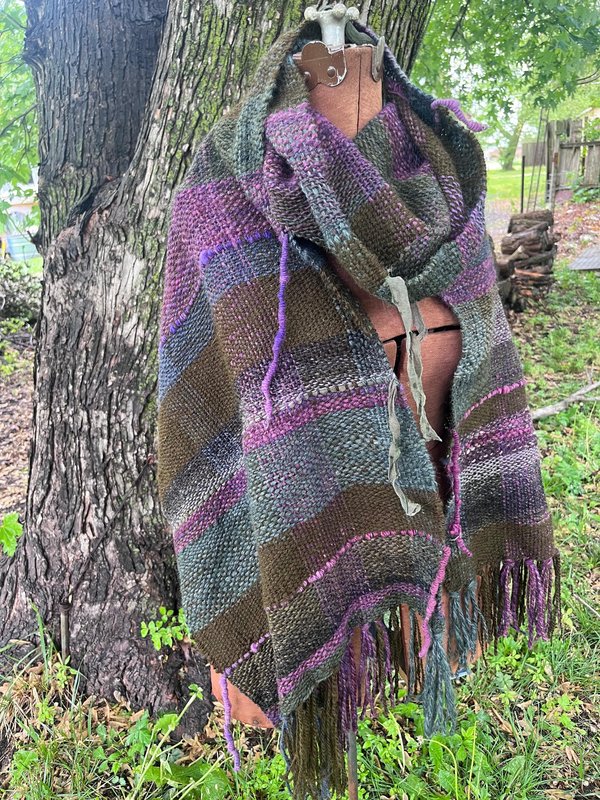 Forest Witch handspun handwoven fringed alpaca wrap, mossy green and plum