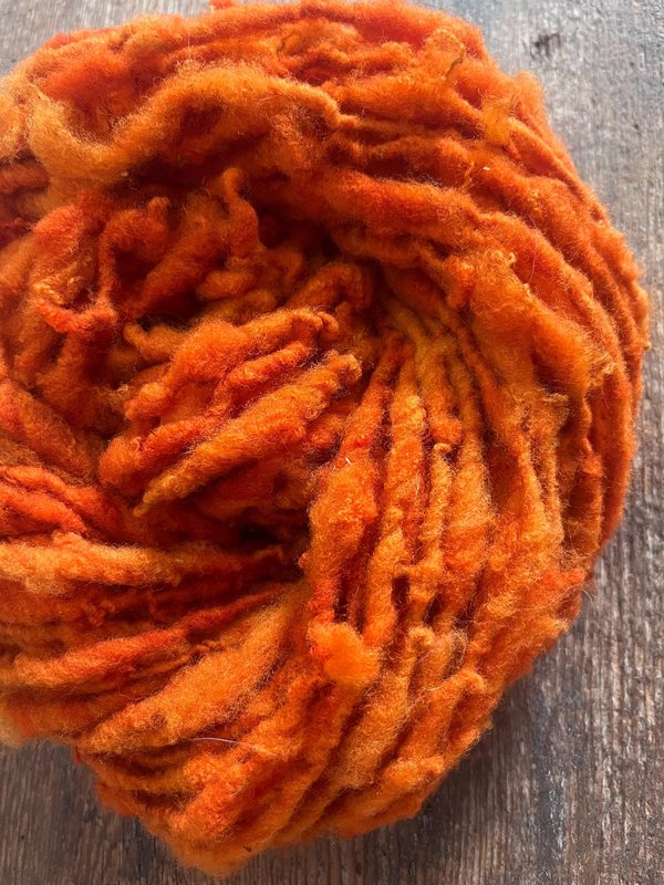 Pumpkin Orange, handspun nubbly squishy chunky handspun Southdown wool art yarn